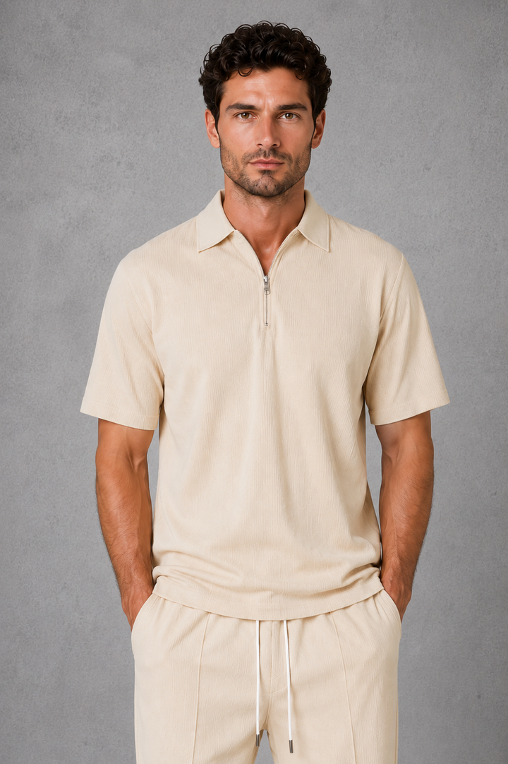 Co Ord Set Mens Waffle Knit Zip Polo Shirt Drawstring Trousers Short Sleeve Relaxed Fit - image 4