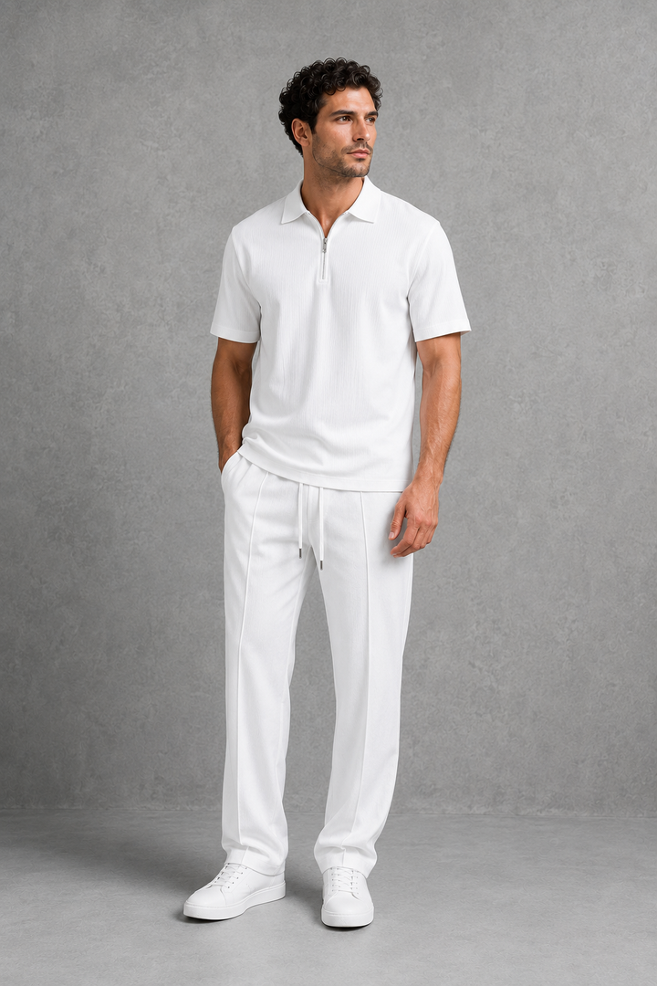 Co Ord Set Mens Waffle Knit Zip Polo Shirt Drawstring Trousers Short Sleeve Relaxed Fit - image 5