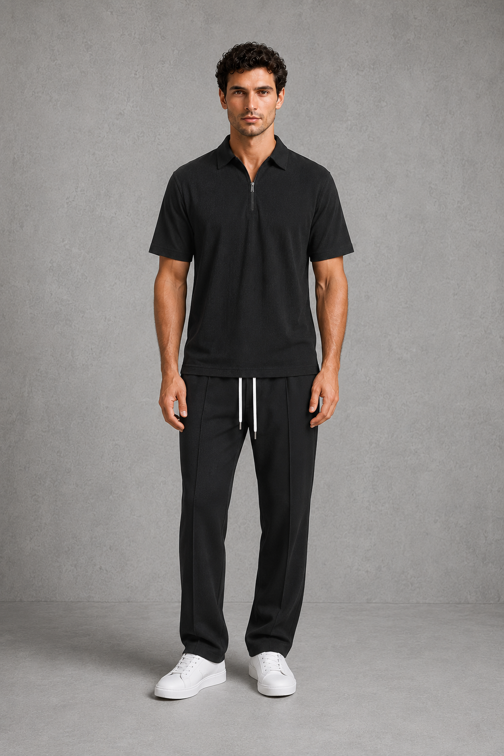 Co Ord Set Mens Waffle Knit Zip Polo Shirt Drawstring Trousers Short Sleeve Relaxed Fit - image 6