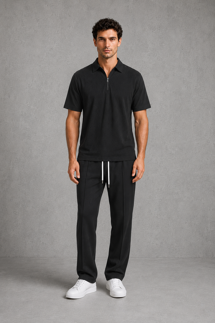 Co Ord Set Mens Waffle Knit Zip Polo Shirt Drawstring Trousers Short Sleeve Relaxed Fit - image 6