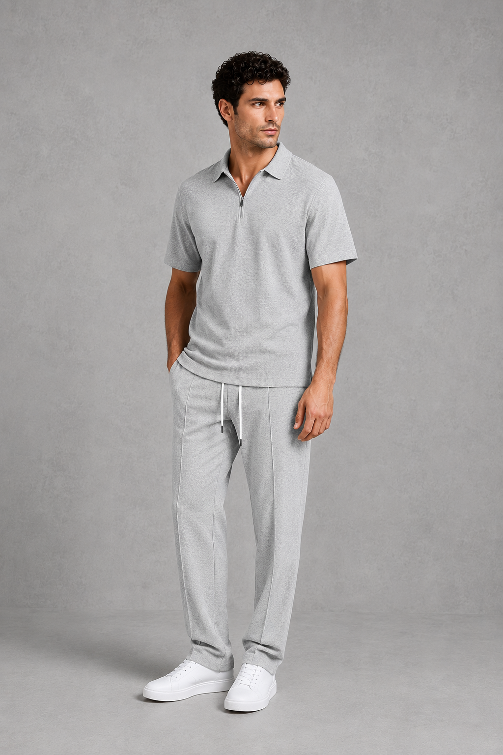 Co Ord Set Mens Waffle Knit Zip Polo Shirt Drawstring Trousers Short Sleeve Relaxed Fit - image 7