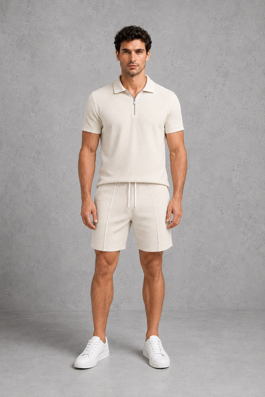 Co Ord Set Mens Zip Neck Polo Shirt Shorts Lightweight Textured Relaxed Fit Travel - image 4