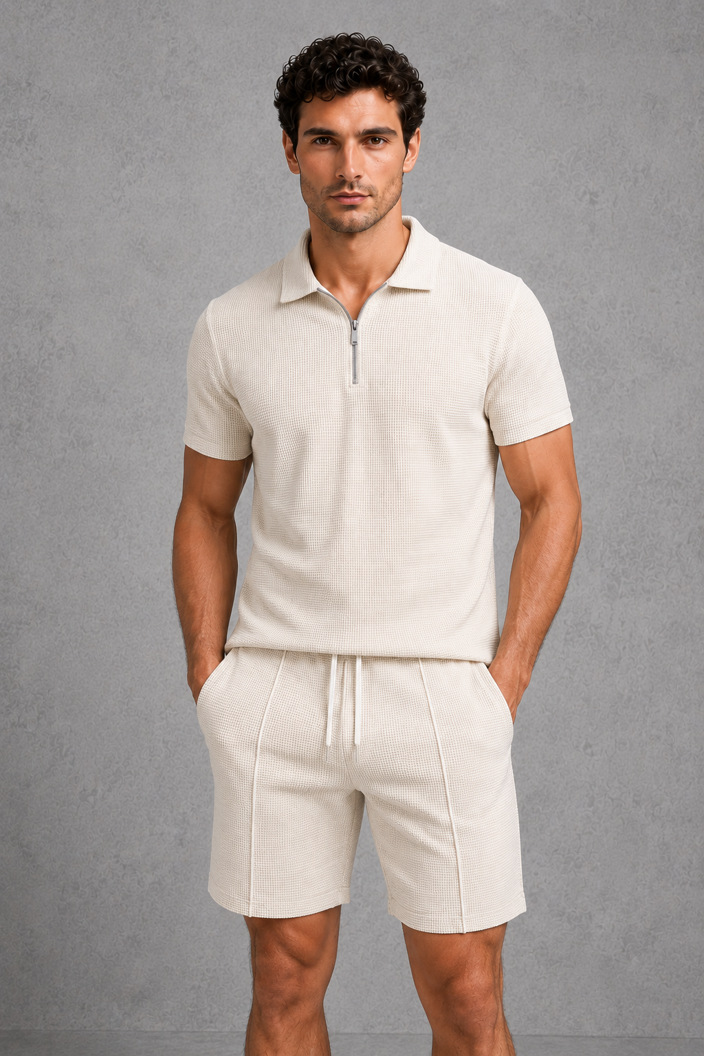 Co Ord Set Mens Zip Neck Polo Shirt Shorts Lightweight Textured Relaxed Fit Travel - image 1