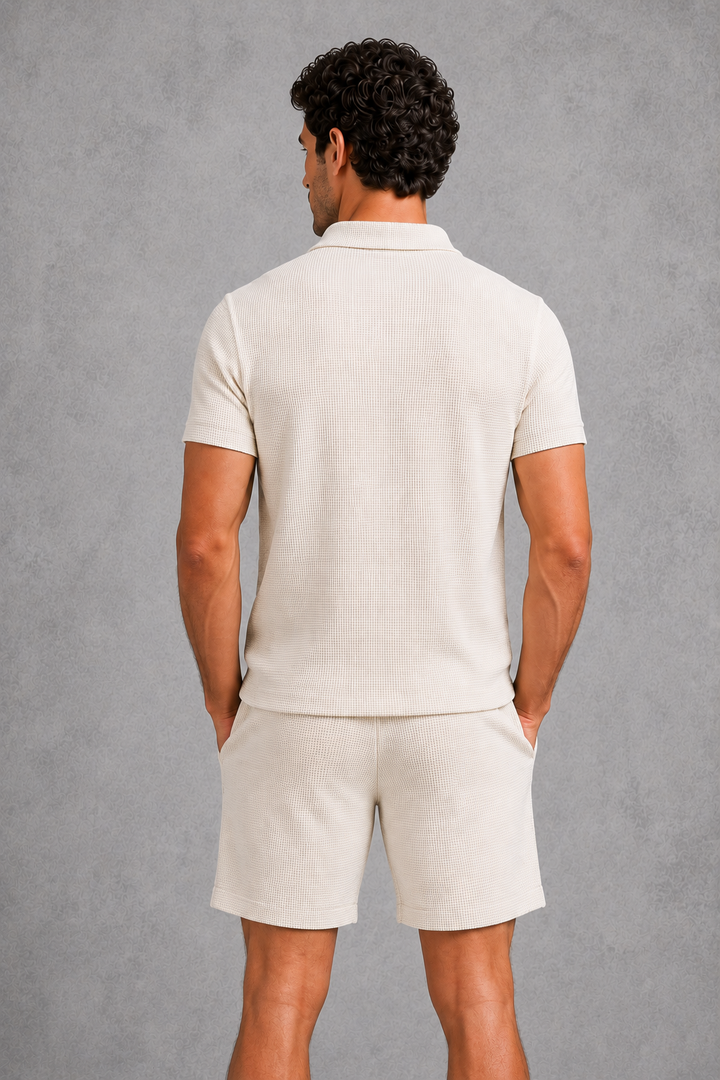 Co Ord Set Mens Zip Neck Polo Shirt Shorts Lightweight Textured Relaxed Fit Travel - image 3