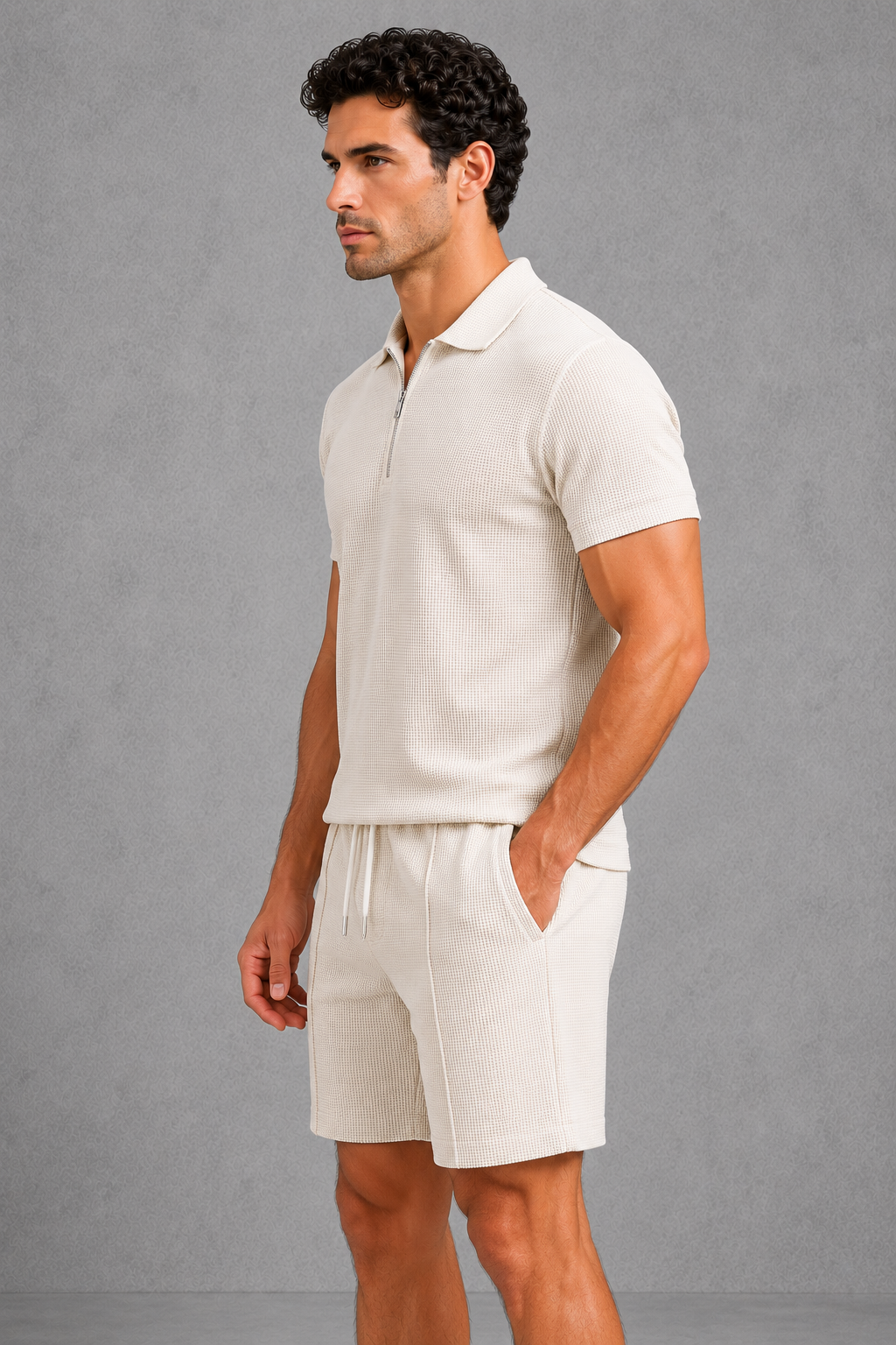 Co Ord Set Mens Zip Neck Polo Shirt Shorts Lightweight Textured Relaxed Fit Travel - image 2