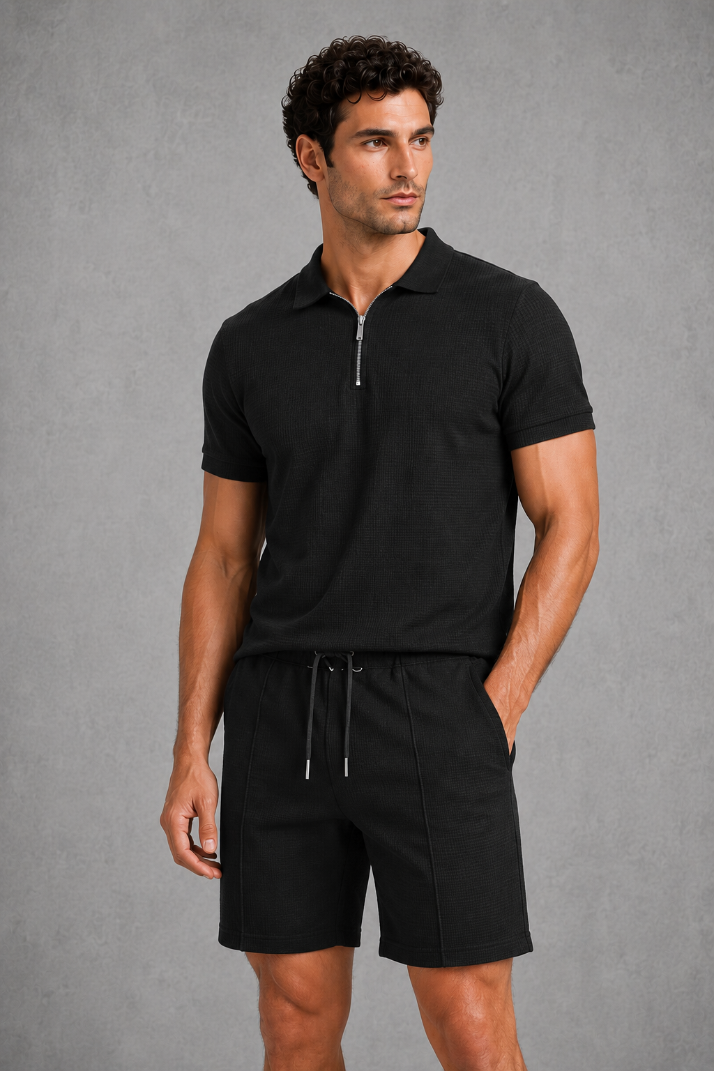 Co Ord Set Mens Zip Neck Polo Shirt Shorts Lightweight Textured Relaxed Fit Travel - image 5