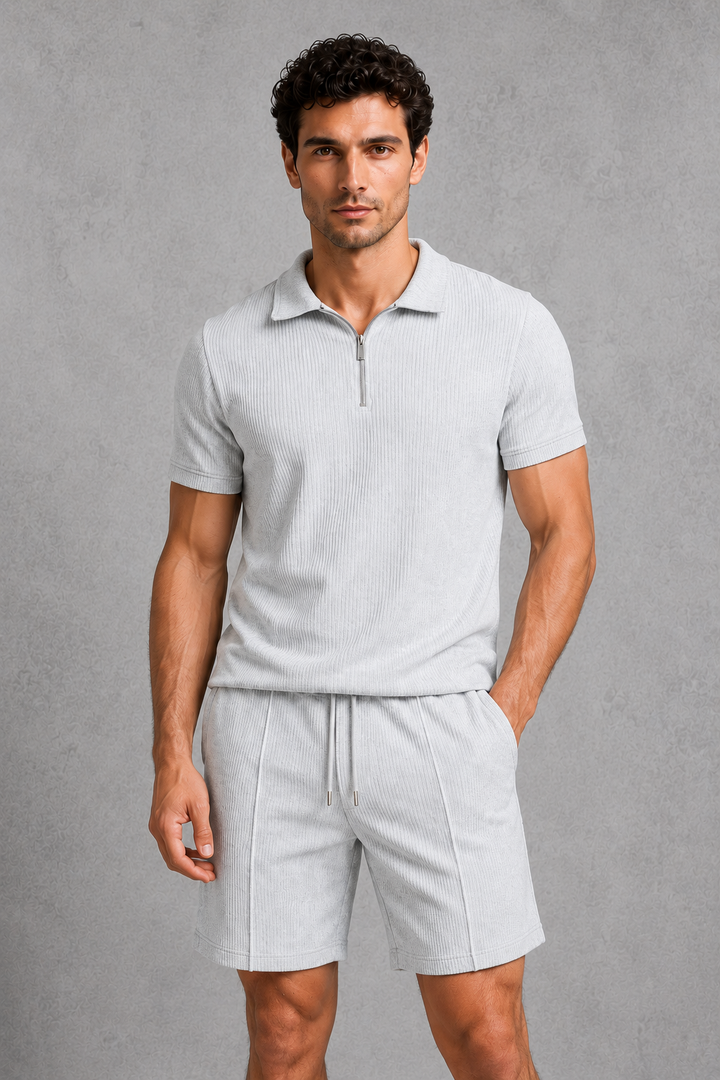 Co Ord Set Mens Zip Neck Polo Shirt Shorts Lightweight Textured Relaxed Fit Travel - image 6