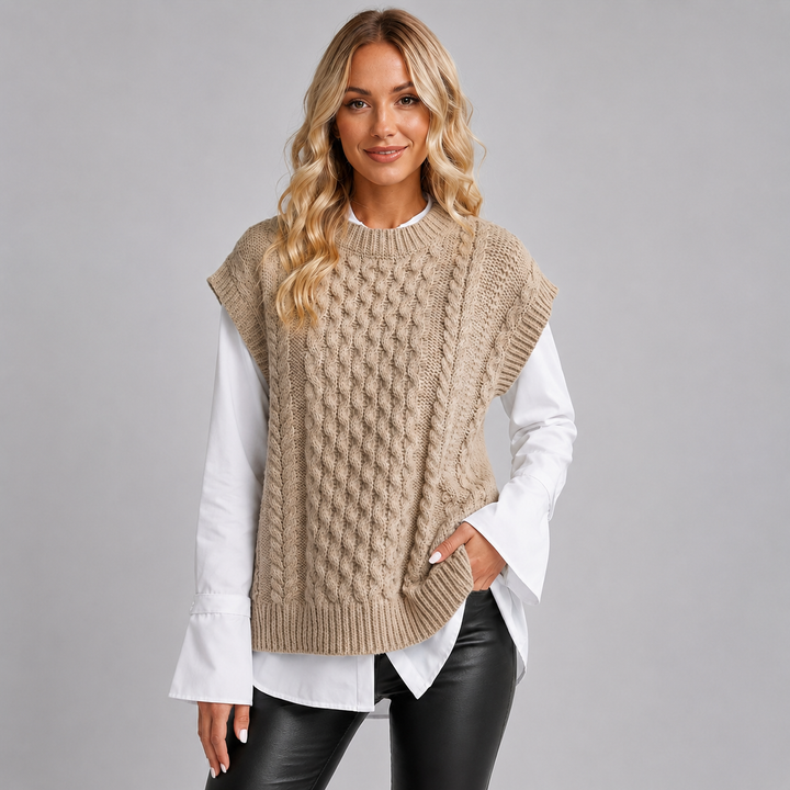 Knit Vest Womens Cable Stitch Sleeveless Side Split Round Neck Longline - image 1