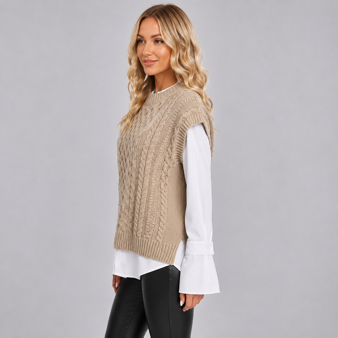 Knit Vest Womens Cable Stitch Sleeveless Side Split Round Neck Longline - image 5