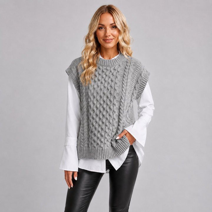 Knit Vest Womens Cable Stitch Sleeveless Side Split Round Neck Longline - image 2