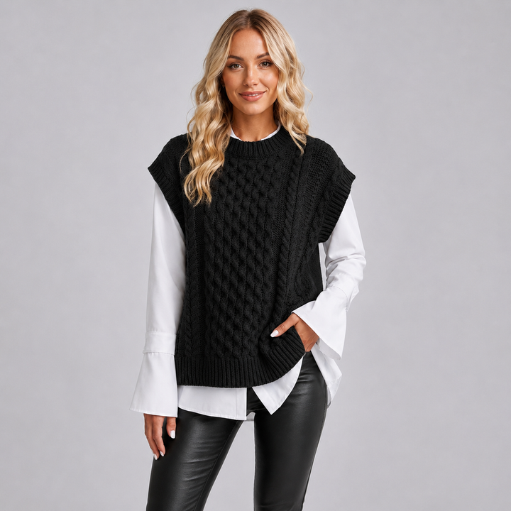 Knit Vest Womens Cable Stitch Sleeveless Side Split Round Neck Longline - image 3