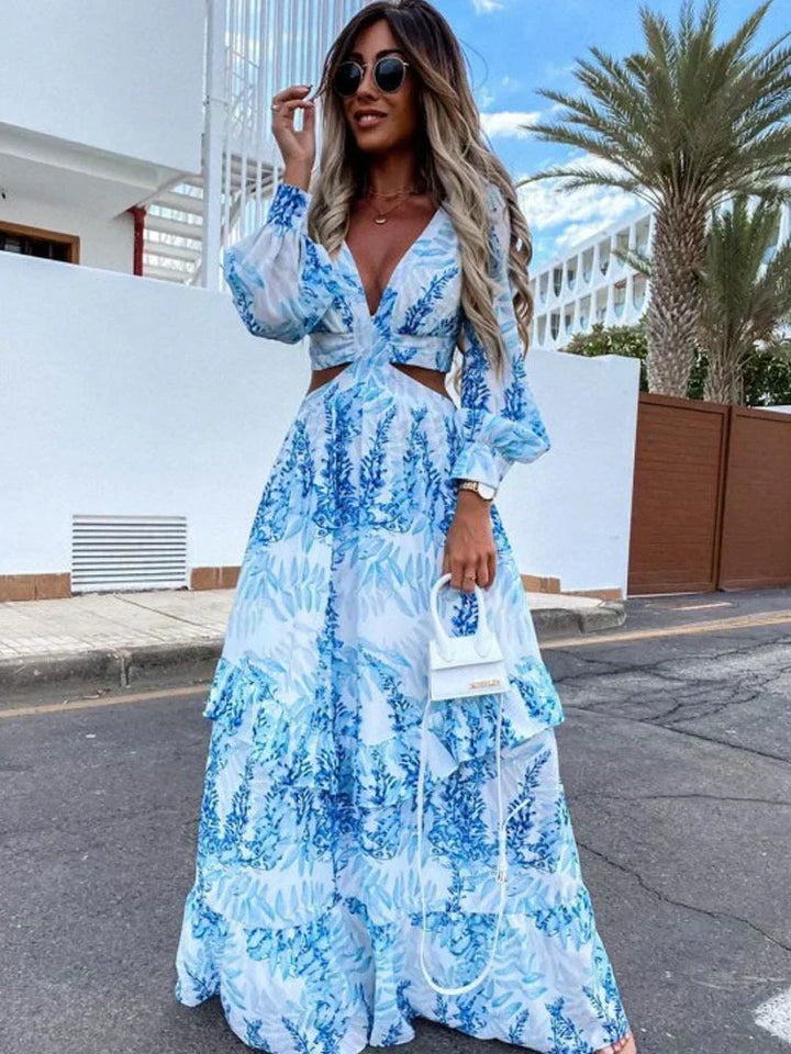 Cut Out Maxi Dress Womens Floral V Neck Long Sleeve Tiered Ruffle - image 1