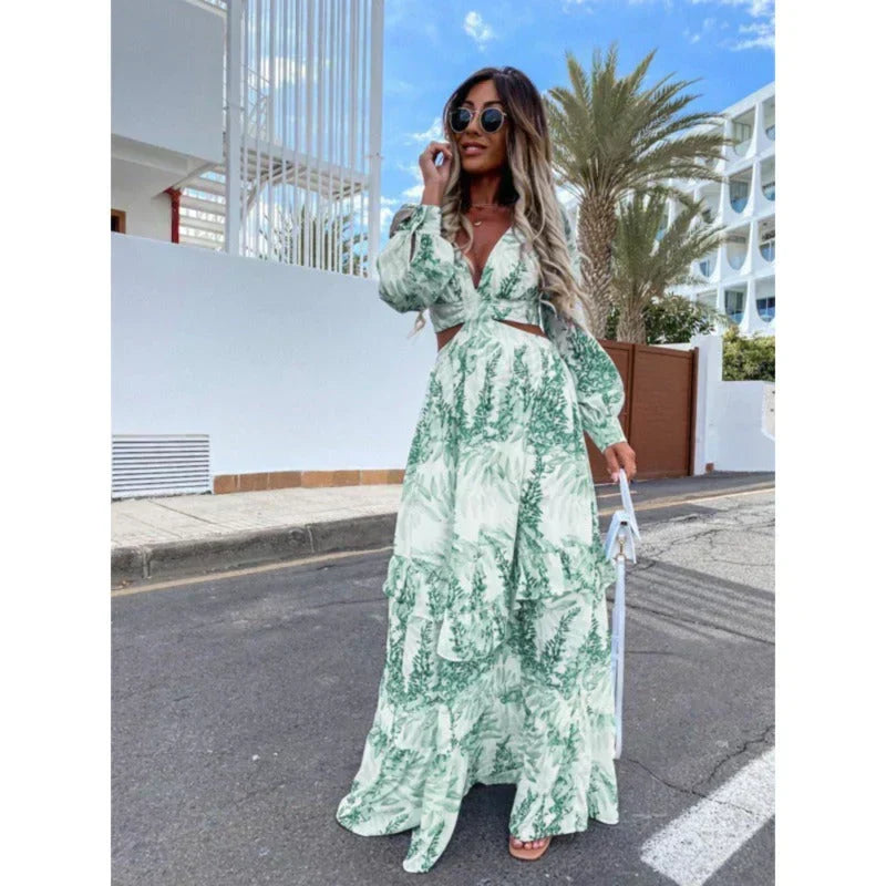 Cut Out Maxi Dress Womens Floral V Neck Long Sleeve Tiered Ruffle - image 2