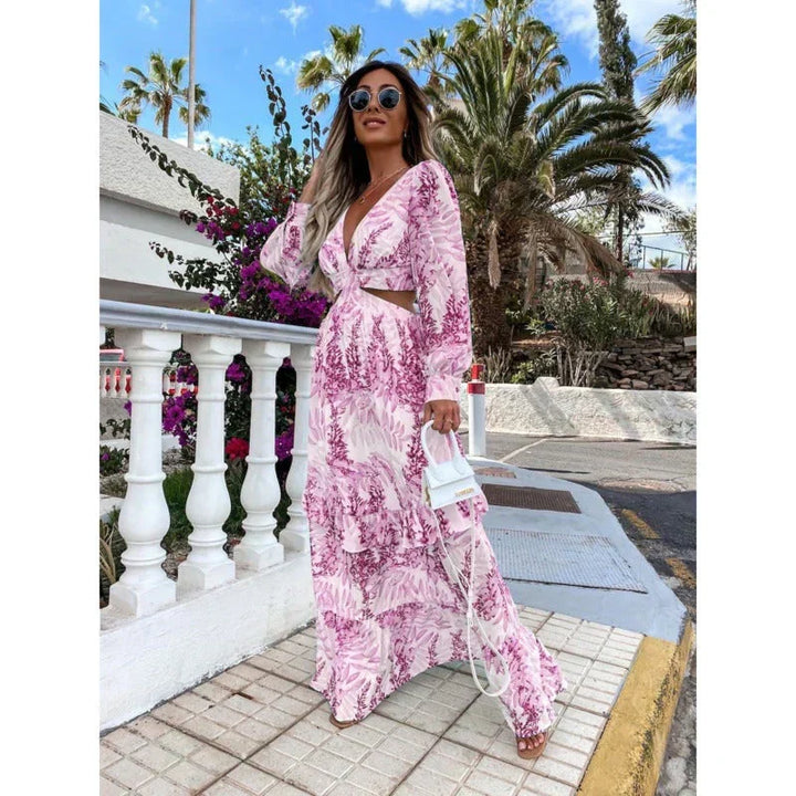 Cut Out Maxi Dress Womens Floral V Neck Long Sleeve Tiered Ruffle - image 3