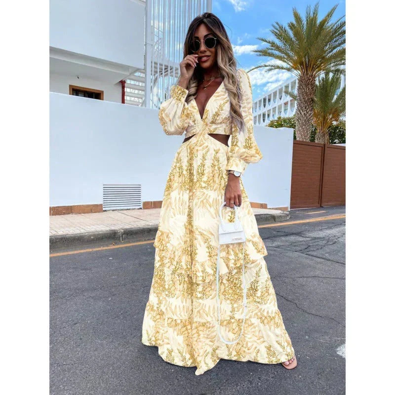 Cut Out Maxi Dress Womens Floral V Neck Long Sleeve Tiered Ruffle - image 4