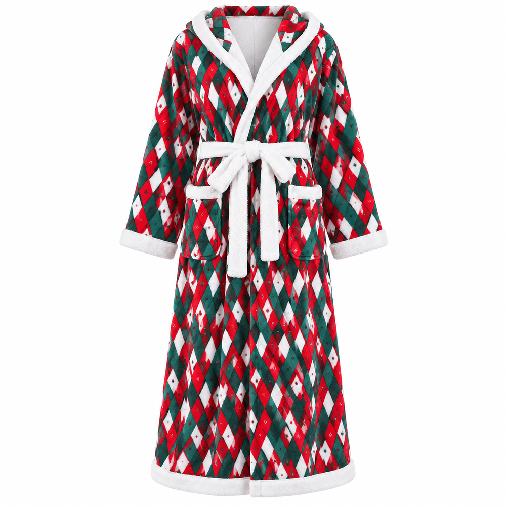 Christmas Dressing Gown Womens Hooded Long Robe Tie Waist Festive Print - image 2
