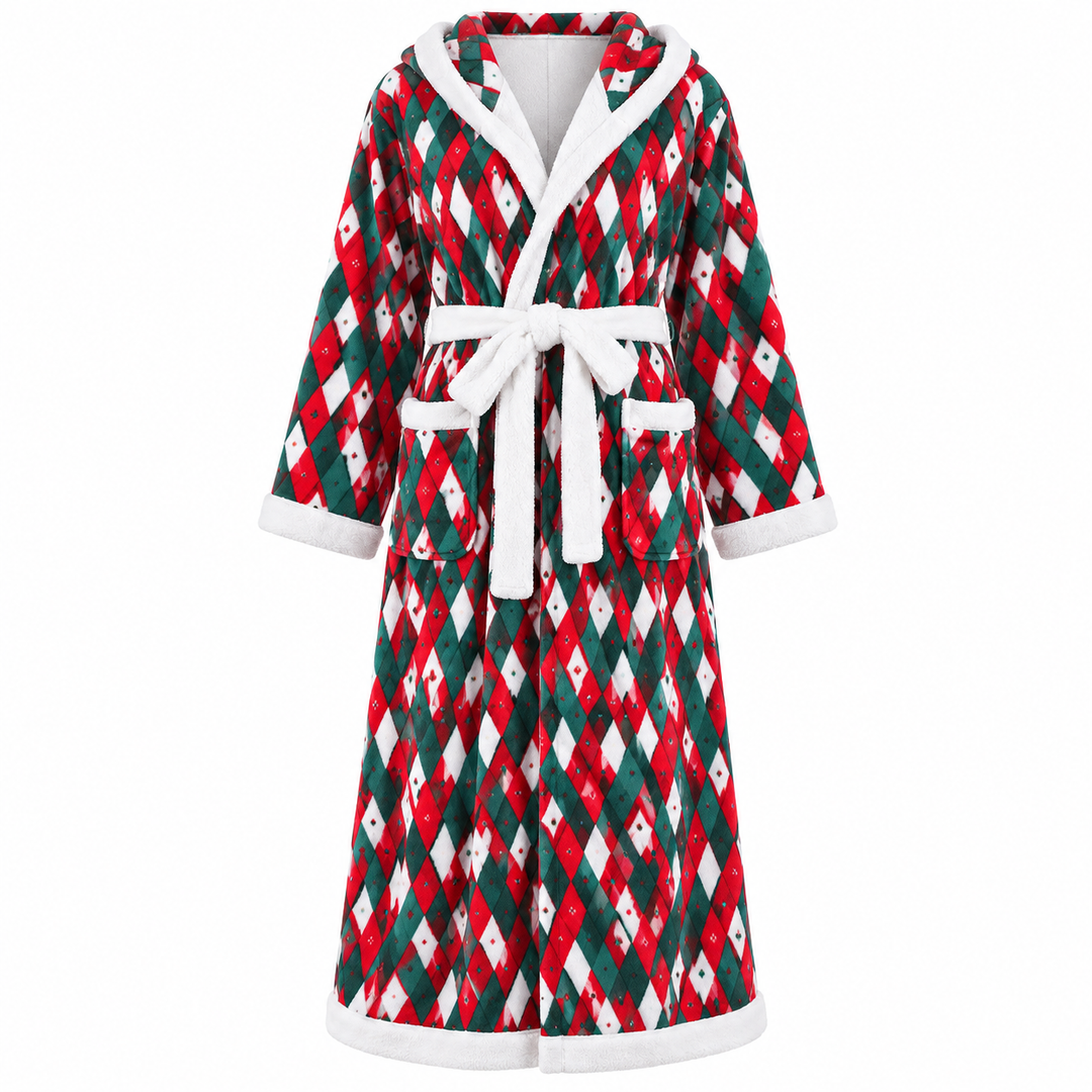 Christmas Dressing Gown Womens Hooded Long Robe Tie Waist Festive Print - image 2