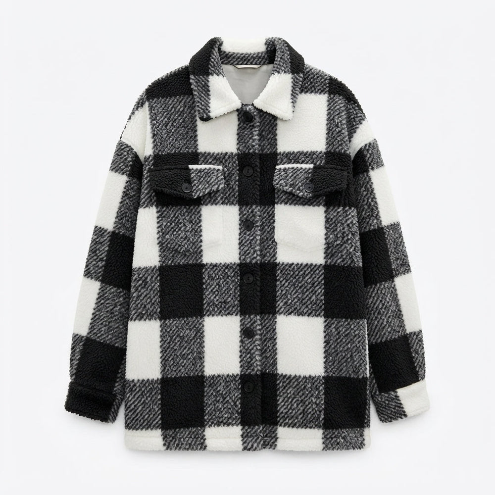 Check Shacket Womens Fleece Jacket Button Front Chest Pockets - image 2