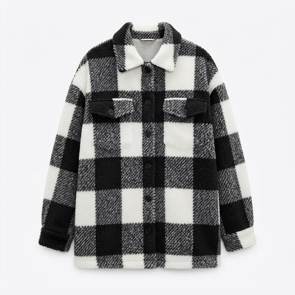Check Shacket Womens Fleece Jacket Button Front Chest Pockets - image 2
