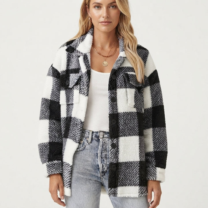 Check Shacket Womens Fleece Jacket Button Front Chest Pockets - image 1