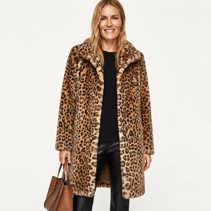 Leopard Print Coat Womens Faux Fur Long Lapel Collar - image 1