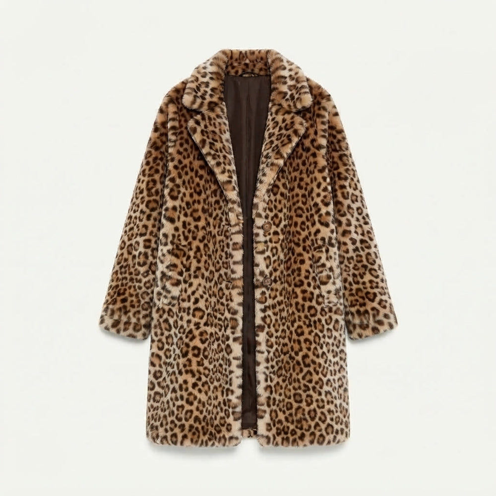 Leopard Print Coat Womens Faux Fur Long Lapel Collar - image 2