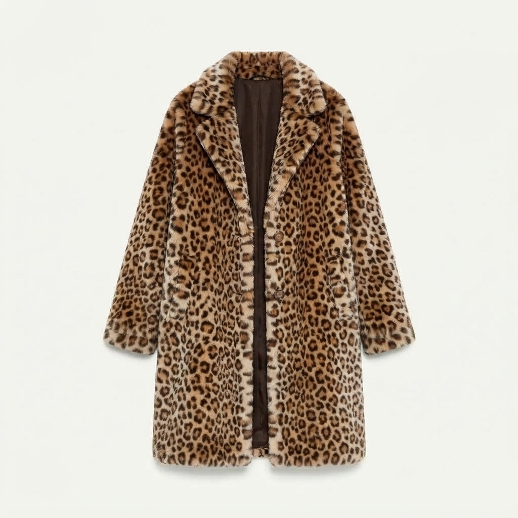 Leopard Print Coat Womens Faux Fur Long Lapel Collar - image 2