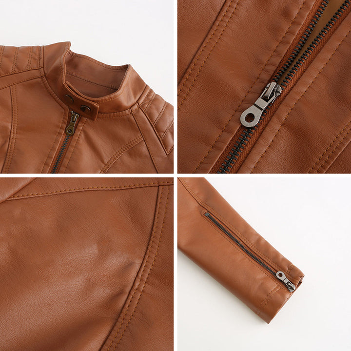Faux Leather Jacket Womens Biker Stand Collar Zip Up Quilted Slim Fit - image 8