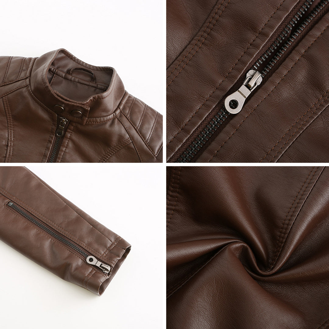 Faux Leather Jacket Womens Biker Stand Collar Zip Up Quilted Slim Fit - image 10