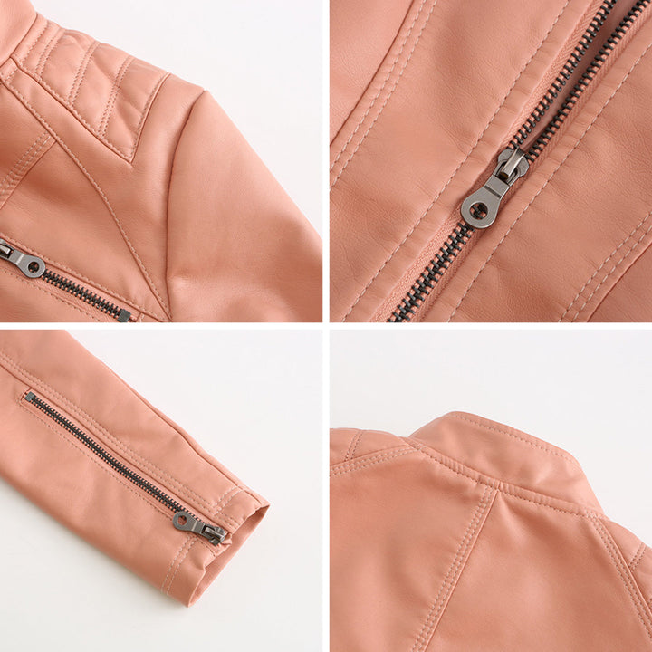 Faux Leather Jacket Womens Biker Stand Collar Zip Up Quilted Slim Fit - image 11