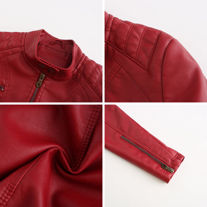 Faux Leather Jacket Womens Biker Stand Collar Zip Up Quilted Slim Fit - image 9