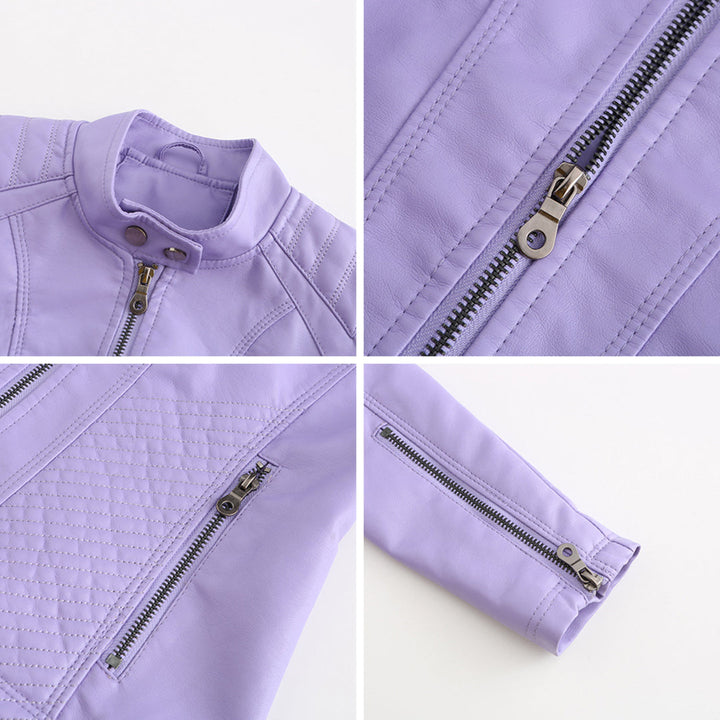 Faux Leather Jacket Womens Biker Stand Collar Zip Up Quilted Slim Fit - image 12