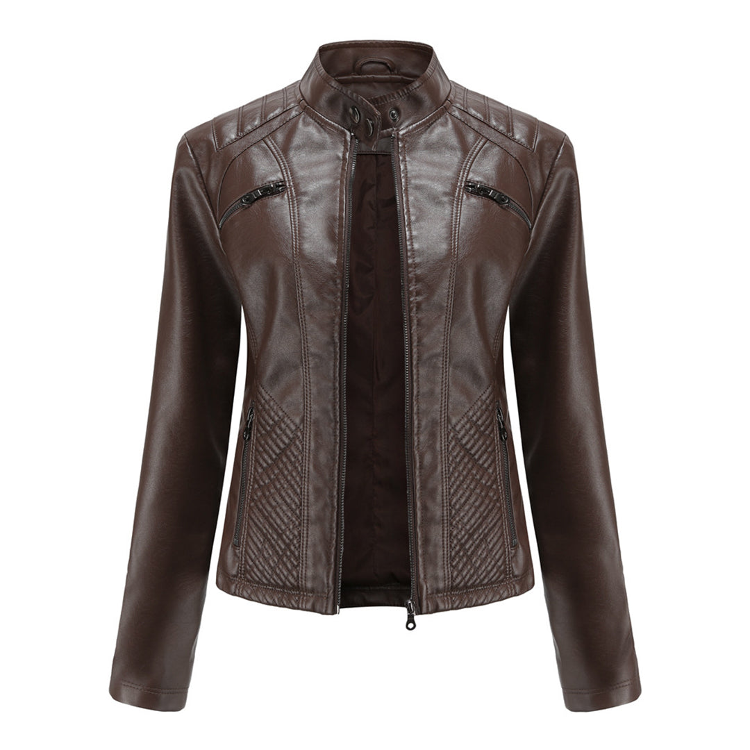 Faux Leather Jacket Womens Biker Stand Collar Zip Up Quilted Slim Fit - image 4