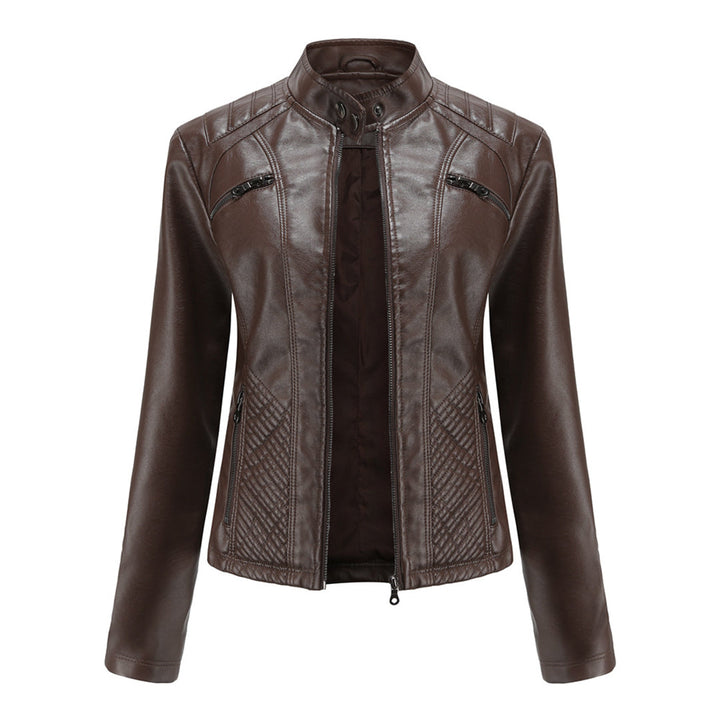 Faux Leather Jacket Womens Biker Stand Collar Zip Up Quilted Slim Fit - image 4