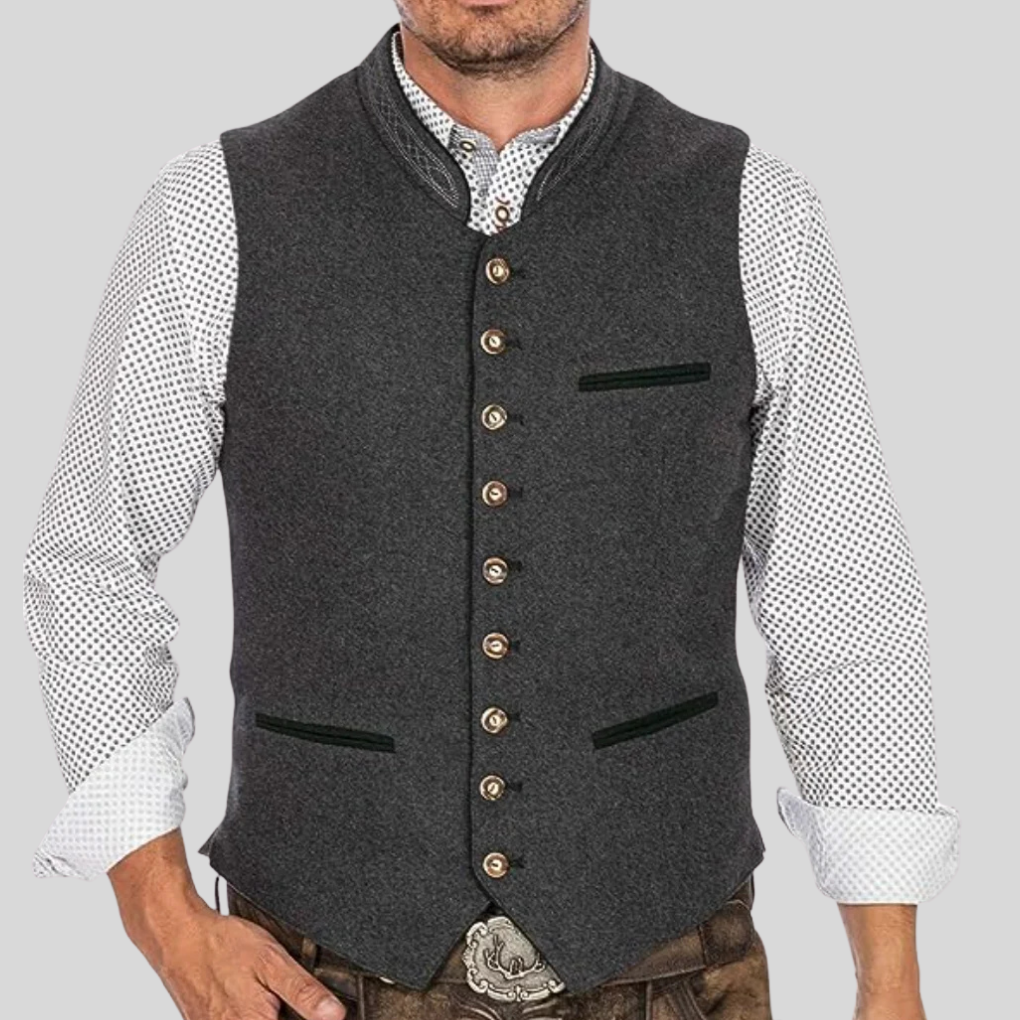 Waistcoat Mens Bavarian Trachten Style Stand Collar Embroidered Button Front Welt Pockets Oktoberfest - image 1