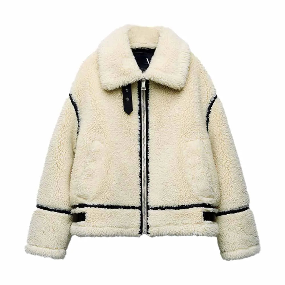 Teddy Jacket Womens Contrast Trim Zip Front Collared Oversized - image 2
