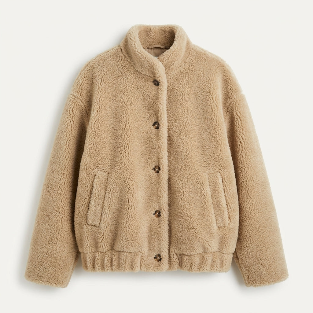 Teddy Jacket Womens Oversized Button Front Stand Collar Ribbed Hem - image 2