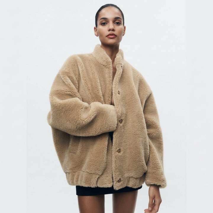 Teddy Jacket Womens Oversized Button Front Stand Collar Ribbed Hem - image 1