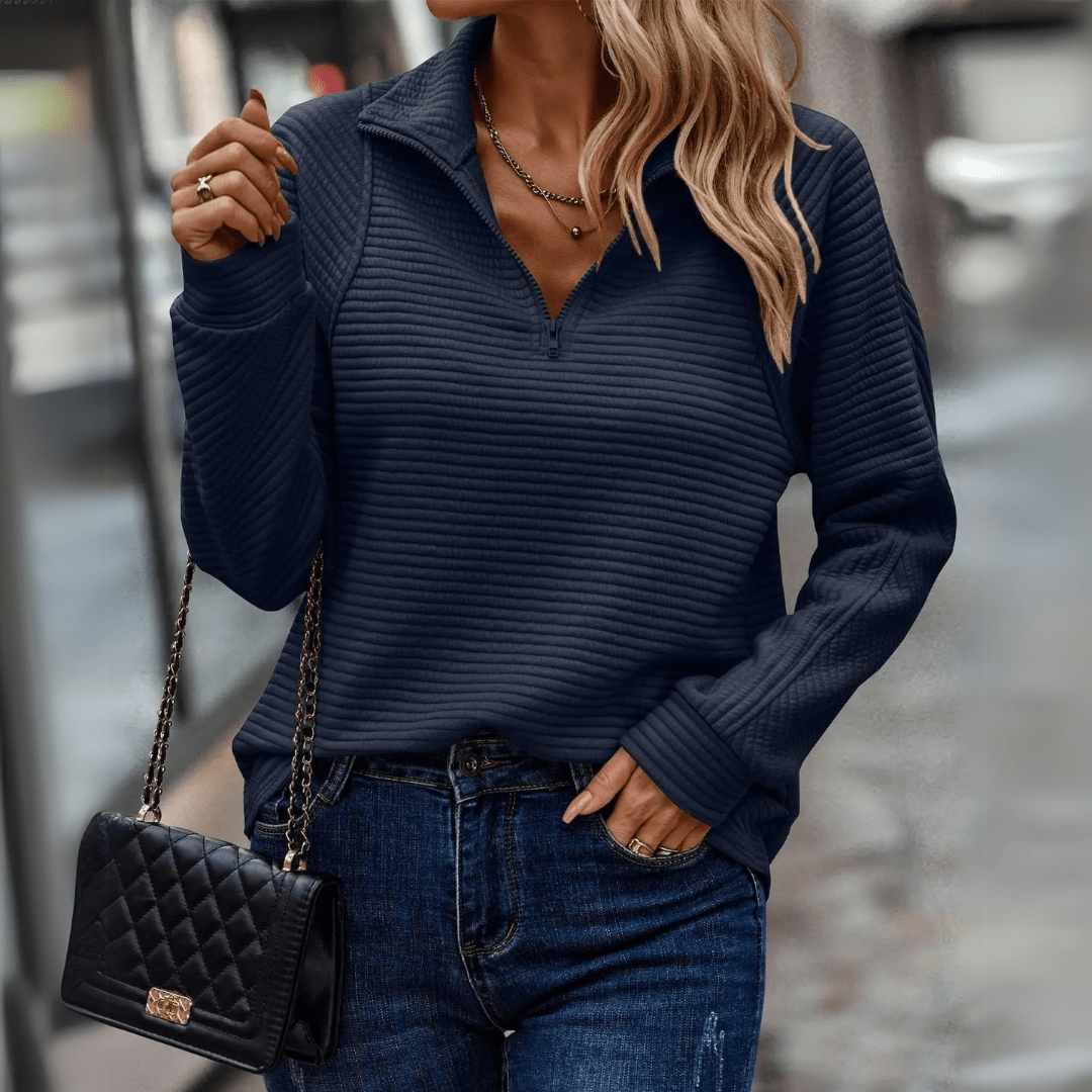 Half Zip Jumper Womens Ribbed Pointed Collar Horizontal Rib Hip Length - image 6