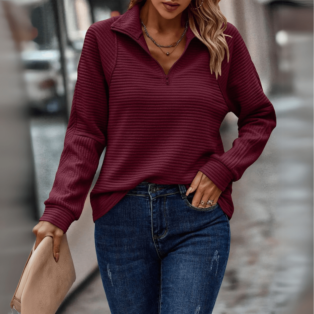 Half Zip Jumper Womens Ribbed Pointed Collar Horizontal Rib Hip Length - image 5