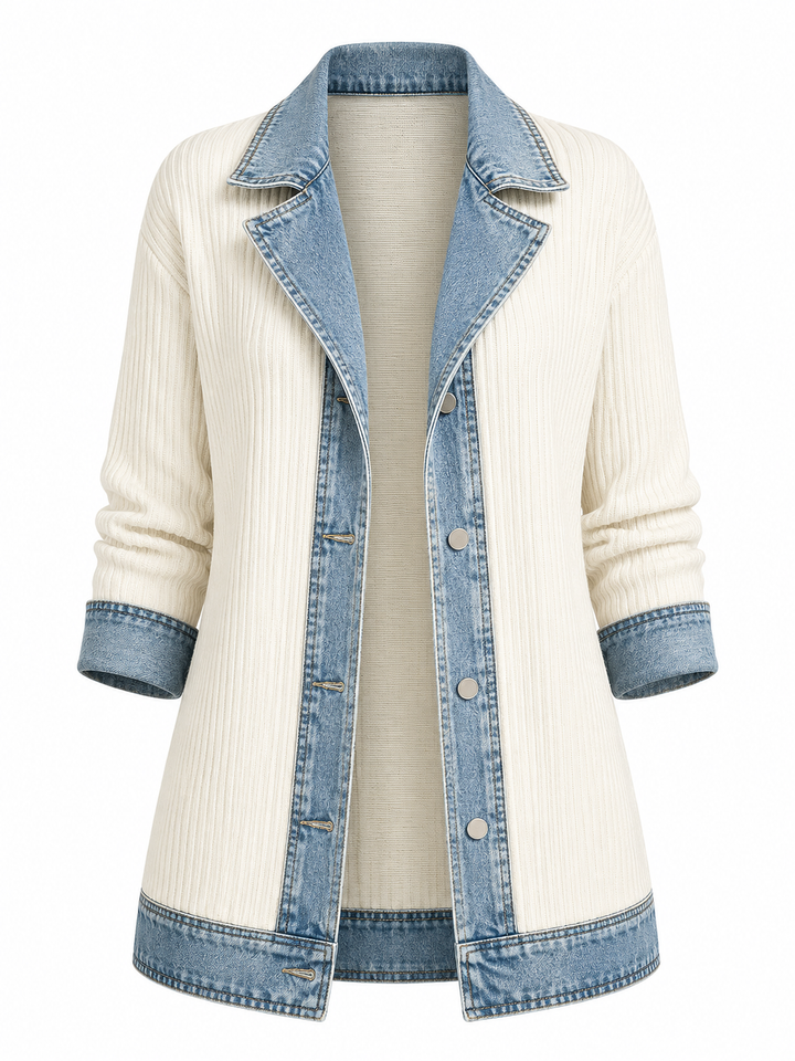 Denim Jacket Womens Ribbed Knit Panels Layered Collar Longline - image 2