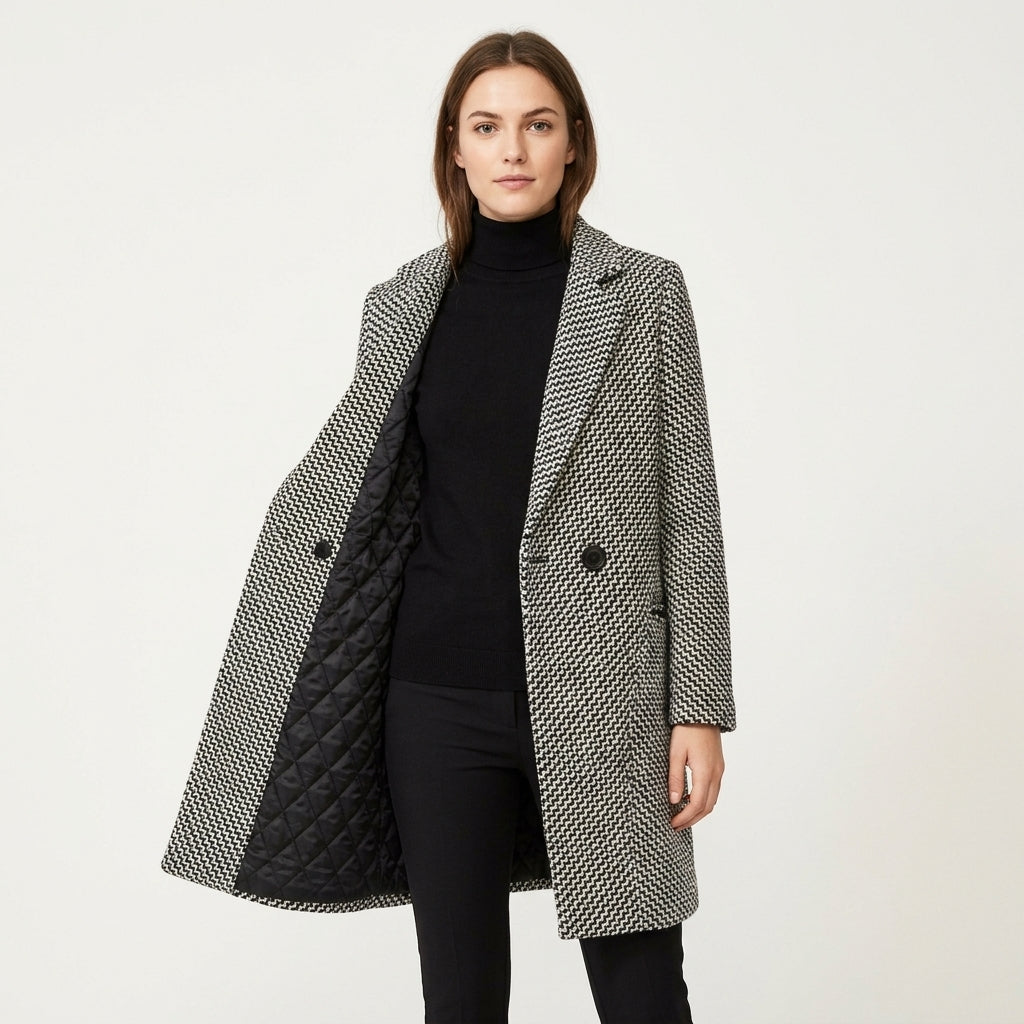 Houndstooth Coat Womens Longline Tweed Notch Lapel Quilted Lining - image 1