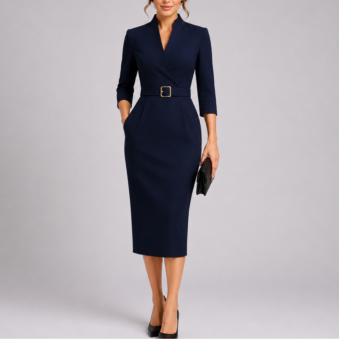 Women's Belted V-Neck Bodycon Midi Dress — image 1