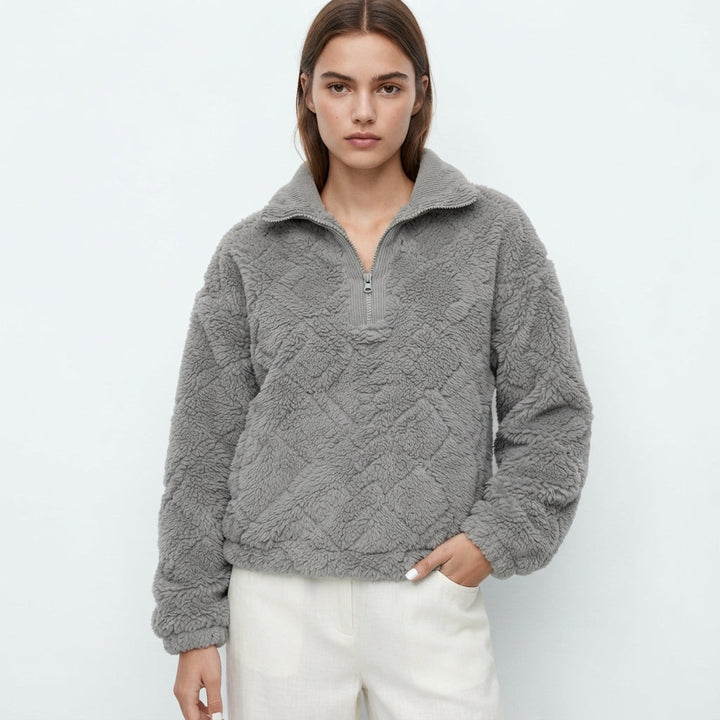 Half Zip Fleece Jumper Womens Textured Pullover Collar Relaxed - image 1