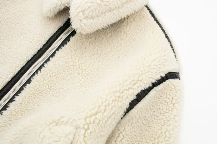 Teddy Jacket Womens Contrast Trim Zip Front Collared Oversized - image 4
