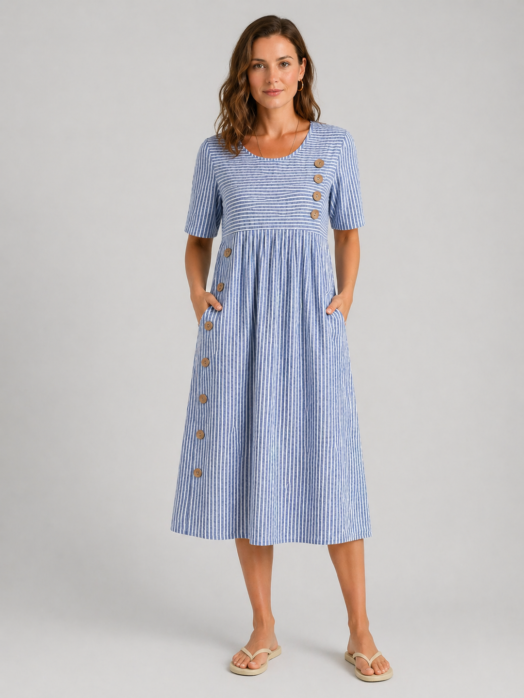 Midi Dress Womens Striped Button Detail Relaxed Lightweight