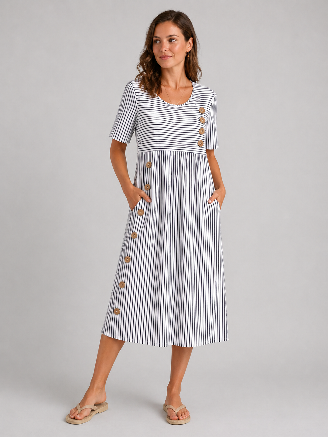 Midi Dress Womens Striped Button Detail Relaxed Lightweight
