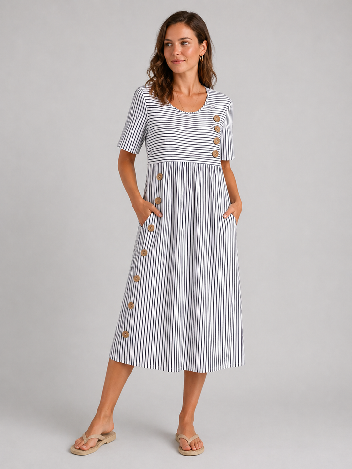 Midi Dress Womens Striped Button Detail Relaxed Lightweight