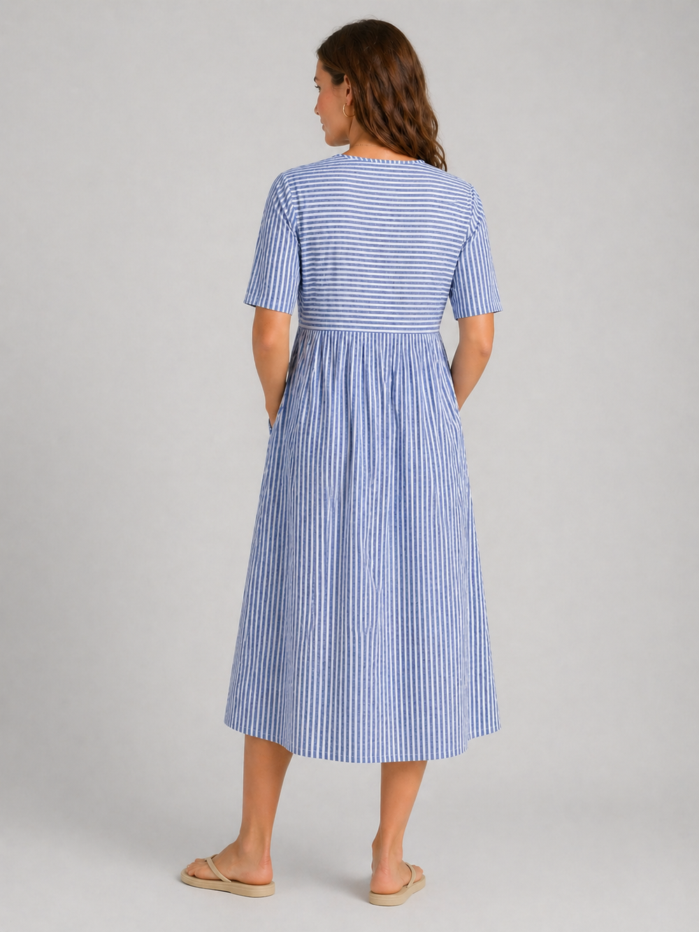 Midi Dress Womens Striped Button Detail Relaxed Lightweight