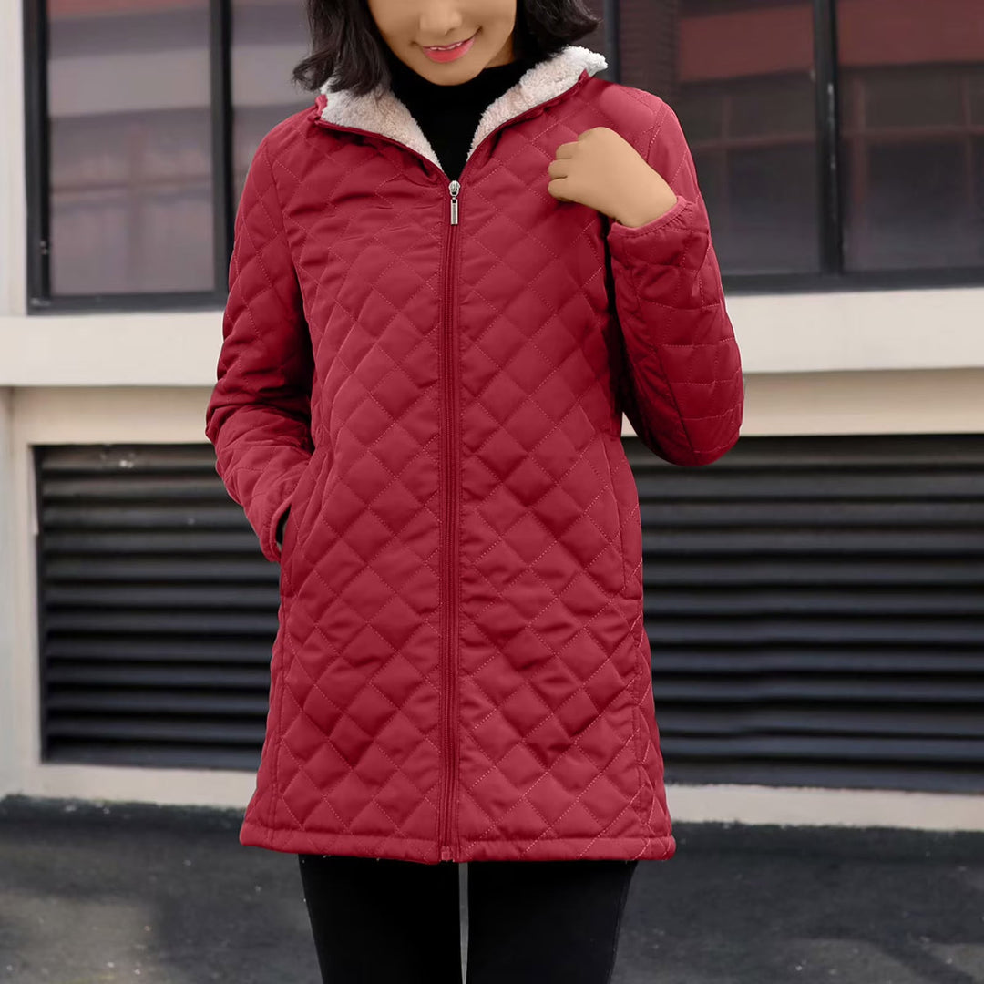 Hooded Quilted Jacket Womens Longline Diamond Quilt Sherpa Lined Hood - image 3